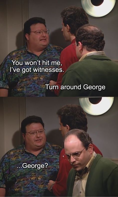 You won’t hit me, I’ve got witnesses. – Seinfeld Memes Seinfeld Episodes, Seinfeld Funny, Seinfeld Quotes, George Costanza, Jerry Seinfeld, Movie Lines, Tv Show Quotes, Tv Quotes, Chuck Norris