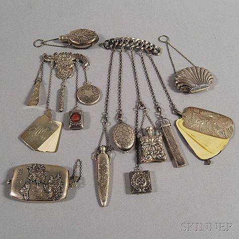 Sterling Silver chatelaine: a small Shiebler purse floral & sea life decoration; a Shiebler chatelaine with notepad, dictionary, pencil, and other items; an unmarked shell-form purse; a Tiffany bird-decorated perfume; and an unmarked chatelaine hung with notepad, perfume, pencil set, locket, and other items, approx. 14.2 troy oz. Sea Life Decor, Victorian Accessories, Vintage Sewing Notions, Antique Engagement Ring, Silver Items, Chatelaine, 판타지 아트, Victorian Jewelry, Larp