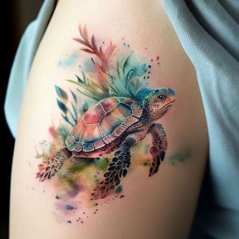 Sea Turtle Tattoo With Color, Cow Fish Tattoo, Underwater Animal Tattoo, 3 Sea Turtles Tattoo, Turtle Arm Tattoo, Sea Turtle Tattoo Realistic, Turtles Tattoo Ideas, Watercolor Turtle Tattoo, Sea Turtle Tattoo For Women