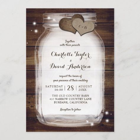 Rustic Wood Burlap Mason Jar Wedding Invitation #zazzle #weddinginvitations #birthdayinvitations #babyshowerinvitations #zazzleinvitations #monogram #businesscards #graduation #homedecor Lilac Wedding Bouquet, Mason Jar Wedding Invitations, Burlap Mason Jars, Beach Wedding Decorations Reception, Bridal Shower Gifts For Bride, Rustic Mason Jars, Country Wedding Invitations, Mason Jar Wedding, Burlap Wedding