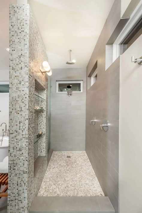 18 Doorless Shower Ideas - Bathrooms with Doorless Showers - Decor Snob Open Walk In Showers Half Walls, Doorless Walkin Shower Master Bath, Walk In Shower With Full Wall, Doorless Double Showers Walk In, Glass Free Shower Walk In, Large Showers Without Doors, No Glass Walk In Shower Ideas, Roll In Shower No Door, Tiled Shower Ideas Walk In No Doors