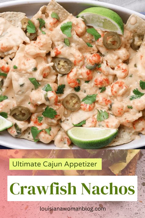 You'll find spicy Cajun seasoned cheesiness in these Crawfish Nachos. Along with tasty bites of crawfish, they're garnished with the flavors of lime, cilantro, and more jalapeno peppers. Yes, more! Crawfish Nachos, Cajun Appetizers, Spicy Cheese Dip, Classic Cajun Recipes, Nola Recipes, Crawfish Recipes, Fried Potato Chips, Cajun Dishes, Spicy Cheese