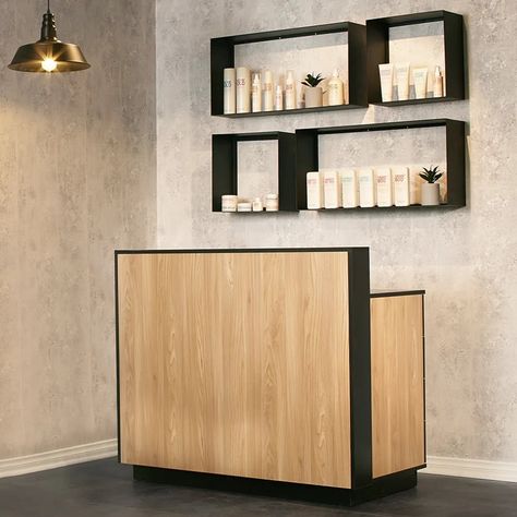 Hair Salon Reception Desk, Small Reception Desk, Barber Shop Interior, Salon Reception Desk, Reception Desk Design, Desk Diy, Salon Interior Design, Salon Chairs, Salon Furniture