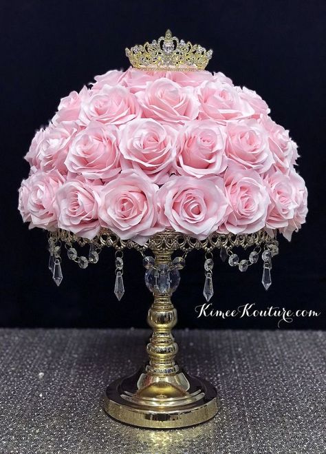 Rose Color Wedding, Crown Quinceanera, Quince Centerpieces, Centerpiece Stand, Crown Centerpiece, Baby Pink Wedding, Gold Centerpiece, Pink Wedding Centerpieces, Half Flower