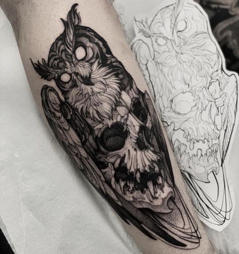 Owl Skull Tattoos, Barn Owl Tattoo, Dark Feminine Tattoos, Goth Tattoos, Gotik Tattoo, Rare Tattoos, Shadow Tattoo, Feminine Tattoo Sleeves, Tattoos Men