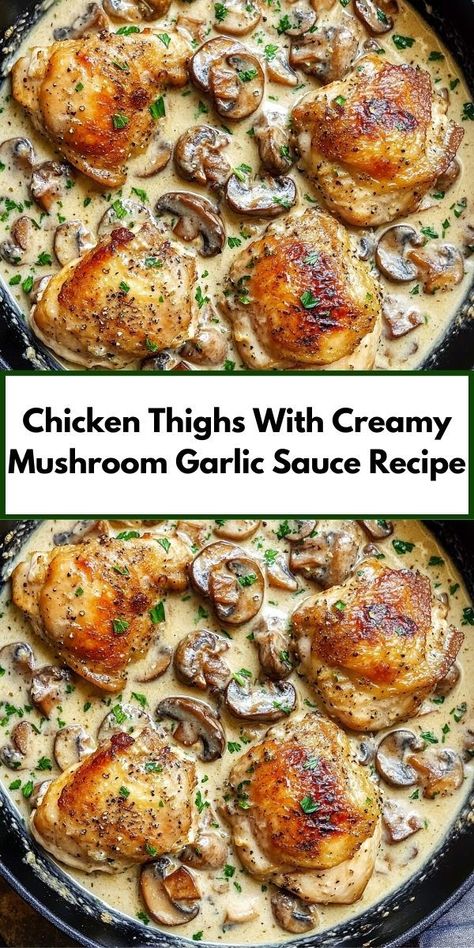 Searching for dinner ideas with chicken? Our Chicken Thighs With Creamy Mushroom Garlic Sauce Recipe is an easy chicken recipe that's perfect for family dinners, parties, and delicious dining. A must-try for mushroom lovers! Garlic Sauce For Chicken, Mushroom Garlic, Garlic Sauce Recipe, Baked Chicken Thighs, Creamy Mushrooms, Yummy Chicken Recipes, Dinner For Two, Chicken Crockpot Recipes, Garlic Sauce