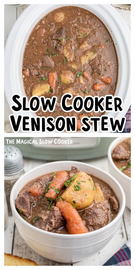 Venison Stew Crockpot Easy, Moose Stew Recipe, Venison Roast Crockpot, Venison Stew Crockpot, Deer Stew, Slow Cooker Venison, Crockpot Roast Recipes, Bourbon Chicken Recipe, Venison Stew