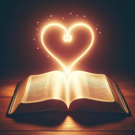 A heart-shaped symbol of love glowing above an open Bible on a wooden desk. The heart casts a warm, gentle light over the pages of the Bible, creating a sense of devotion and spiritual love. This image captures the essence of love and faith intertwined, appealing to Bible readers. Christian Scripture Art, Open Bible, Wedding Bible, Pink Background Images, Spiritual Love, Bible Images, Photo Art Frame, Worship God, Christian Scripture