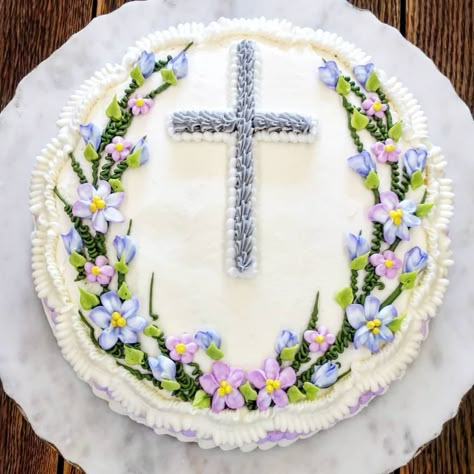 Buttercream Cross On Cake, Easter Resurrection Cake, Catholic Easter Desserts, Easter Cake Jesus, Easter Cake Ideas Christian, Easter Desserts For Church, Easter Cross Cakes Ideas, Spring Floral Cake Ideas, Easter Cake Christian