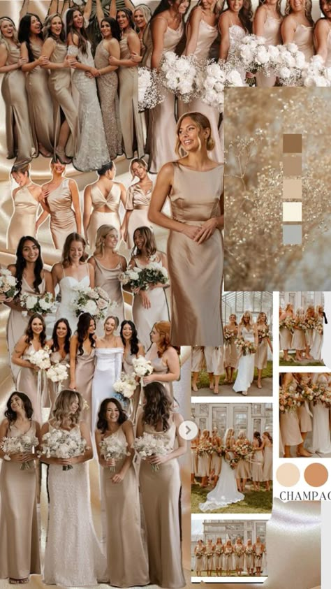 Bridesmaids Champagne Brides Maids Dresses, Champagne Mix And Match Bridesmaid Dresses, Rustic Wedding Ideas Bridesmaid, Elegant Bridesmaid Dresses Champagne, Wedding Themes Champagne Color, Gold And Beige Wedding Decor, Wedding Color Schemes With Champagne, Bridesmaid Cream Dresses, Fall Wedding Champagne Color