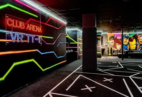 Sport Shop Design, Gym Lights, Brooklyn Mirage, Squid Game Theme, Club Design Interior, Gaming Cafe, Gaming Room Design, Teen Club, Game Net