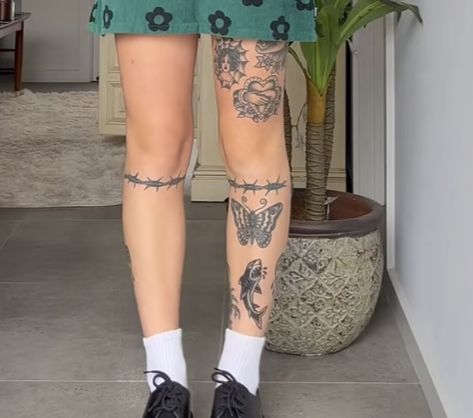 Knee Tattoos Barbed Wire, Matching Under Knee Tattoos, Knife Hip Tattoo, Bellow Knee Tattoo, Barbwire Leg Tattoo, Thigh Tattoos Women Patchwork, Barb Wire Knee Tattoo, Barbwire Knee Tattoo, American Traditional Barbed Wire