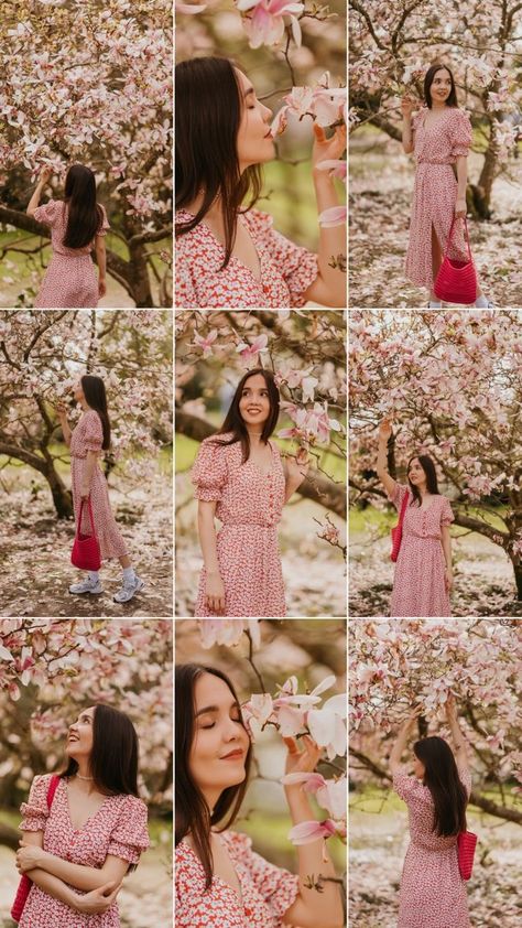 Spring Foto Ideas, Garden Poses For Women, Female Photoshoot Ideas Outdoor, Rose Garden Photoshoot, Spring Photo Shoot Ideas, Field Portraits, Photo With Flowers, Mustard Field, Cherry Blossom Photo