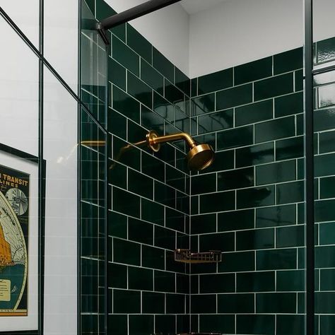 SuzAnn Kletzien on Instagram: "Green schemes paired with penny tile dreams ☺️💭 The emerald tiling juxtaposed by the patterned pennies add luxury and drama to this stunning bathroom. 😍✨ #CliftonProject . . . . . #LuxuryShower #EmeraldTiled #BrassFixtures #BathroomDesign #LuxuryBathroom #BathroomInspo #ShowerGoals #GemstoneInspired #InteriorDesign #LuxuryLiving #BathroomDecor #DesignPuns #TileLove #Interior123 #LuxuryHome #BathroomRenovation #InteriorInspiration #BathroomGoals #BathroomStyle #De Green Shower Tile, Penny Tiles Bathroom, Green Tile Bathroom, Toilet Tiles, Chicago Design, Penny Tile, Tile Trends, Hall Bathroom, Luxury Shower