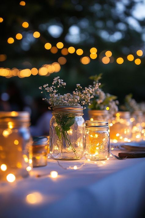 Outdoor wedding decor large table centerpieces with mason jars with white pixie flowers and fairy lights green vine brances dusk scene soft glow. Let your big day become a magical woodland affair with these enchanting forest wedding ideas that’ll make your guests feel like they’ve stepped into a fairy tale. Mason Jar And Fairy Lights Centerpieces, Fairy Lights Wedding Table Decor, Wedding Reception Tables Centerpieces Fairy Lights, Fairy Lights In Jar, Fairy Light Table Decor, Fairy Lights In Jars, Large Table Centerpieces, Centerpieces With Mason Jars, Mason Jars With Fairy Lights