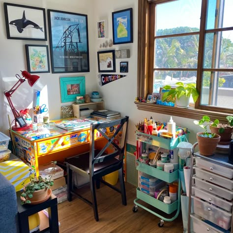 Small Craft Organization, Art Area For Adults, Slanted Ceiling Art Studio, Desk For Craft Room, Small Room Craft Room, Apartment Art Studio Small Spaces, Art Corner Studio Small Spaces, Art Corner Bedroom Small Spaces, Mini Art Studio Corner