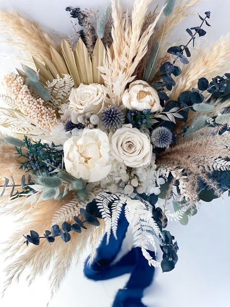 Dusty Blue White Peony Pampas Grass Bouquet/ Bride and Bridesmaids/ Dried Flower Bouquet/ Wedding Flowers - Etsy Dried Flower Bouquet Wedding, Everlasting Bouquet, Grass Bouquet, Tan Wedding, Pampas Grass Bouquet, Bouquet Bride, Blue Wedding Bouquet, Boho Wedding Flowers, Bride And Bridesmaids