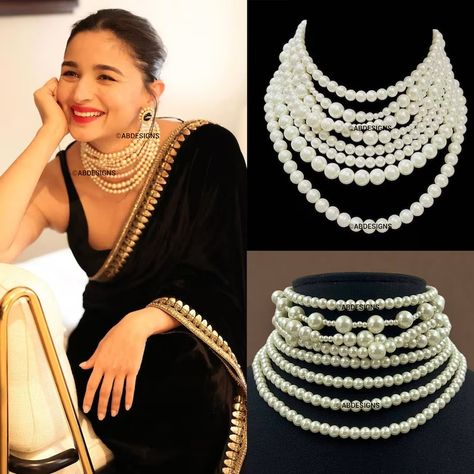 Buy Alia Bhatt Choker, Alia Bhatt Black Velvet Saree Layered Pearl Necklace, Gift for Her, Alia Bhatt Pearl Necklace, Bollywood Indian Necklace Online in India - Etsy Alia Bhatt Black Saree Look, Pearl Necklace On Saree, Indian Beaded Necklace, Layered Pearl Necklace Indian, Choker With Saree, Pearl Necklace With Saree, Latest Pearl Jewellery Designs, Black Velvet Saree, Latest Pearl Necklace Designs