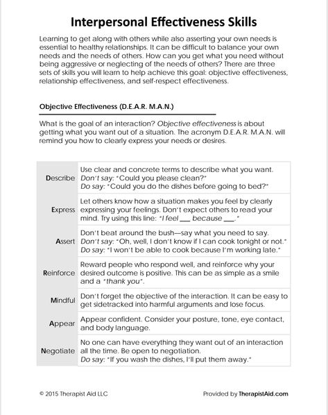 Dbt interpersonal effectiveness skills - communicating needs - therapist aid Interpersonal Effectiveness Skills, Interpersonal Skills Activities, Therapist Aid Worksheets, Mental Health Occupational Therapy, Interpersonal Communication Skills, Mindful Self Compassion, Couples Therapy Worksheets, Dbt Therapy, Interpersonal Effectiveness