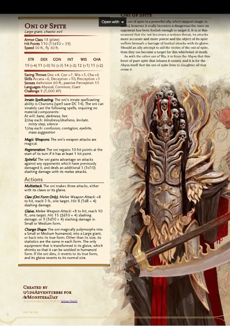 Oni Dnd 5e, Stat Block 5e, Dnd Stat Blocks, Stat Block, Dnd Enemies, Homebrew Monsters, 5e Monsters, Dnd Stats, Dnd Monster