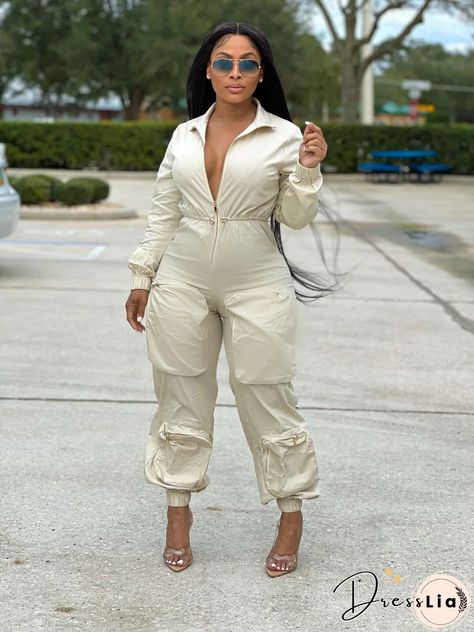 Wholesale Long Sleeve Zipper Large Pockets Cargo Jumpsuits Online Cargo Jumpsuit, Zipper Neck, Trendy Jumpsuit, Collar Jumpsuit, Pocket Jumpsuit, Jumpsuit Casual, Fitted Jumpsuit, Safari Style, White Jumpsuit