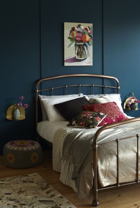 Copper Bed Frame, Folk Bedroom, Deep Blue Walls, Gold Bed Frame, Black Iron Beds, Copper Bedroom, Bedroom Transformation, Idea Bedroom, Straw Sandals