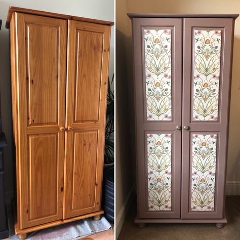 Upcycled Wardrobe Ideas Inspiration, Upcycling Wardrobe Doors, Refurbished Wardrobe Ideas, Wallpaper Armoire, Pine Wardrobe Upcycle, Painted Pine Wardrobe, Pine Wardrobe Makeover, Wardrobe Upcycle Ideas, Wardrobe Painting Ideas