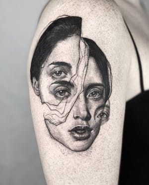 Black And White Portrait Tattoo, Surreal Portrait Tattoo, Tattoo Of Faces Woman, Illustrative Realism Tattoo, Tattoo Of Woman Faces, 2 Faced Tattoo, Tattoos With Faces, Tattoo Portrait Ideas, Woman Eyes Tattoo