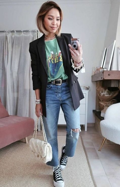 Sunday Outfit Ideas Casual, Sunday Outfit Summer, Casual Sunday Outfit, Socks Heels, Converse Fashion, Look Legging, Blazer Outfit, Outfits With Converse, Outfit Jeans