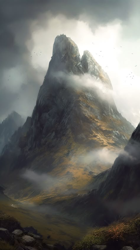 #outdoor #mountain #autumn #clouds #foggy #moody #alps #peak Mountain Peak Painting, Creepy Mountain Aesthetic, Fantasy Mountain Aesthetic, Mountain City Fantasy Art, Foggy Mountain Aesthetic, Moody Mountain Aesthetic, Spooky Mountains, Fantasy Mountain Range, Scary Mountains