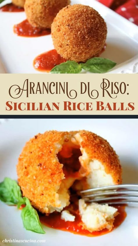 Arancini are delicious, crispy, deep fried Sicilian balls of rice. They have a meat sauce and mozzarella cheese filling and crunchy breadcrumb coating. Similar Italian rice balls are called Supplì in Rome and the nearby region. Arancini Recipe Italian, Italian Rice Balls, Arancini Recipe, Italian Rice, Recipe Italian, Italian Family, Sicilian Recipes, Italian Foods, Italian Recipes Authentic