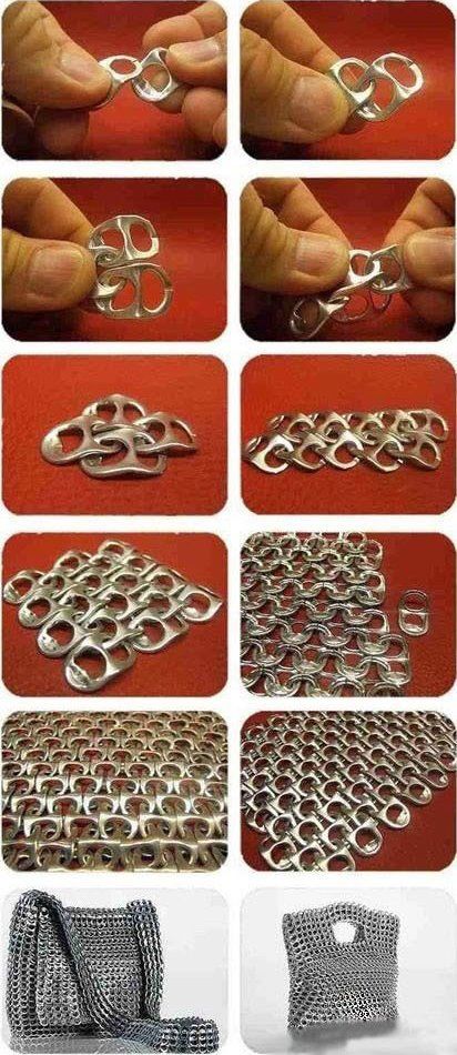 aluminum tab(s) ---> purse - via https://www.facebook.com/photo.php?fbid=334664636613729=a.318196928260500.78766.102106566536205=1 Pop Can Tabs Crafts, Coke Tab Crafts, Can Top Crafts, Can Tabs Diy, Pop Tab Chain Mail, Reuse Diy Ideas, Tab Ideas, Pop Top Crafts, Lon Bia