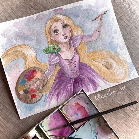 Painting Ideas On Canvas Rapunzel, Rapunzel Watercolor Art, Barbie Watercolor, Tangled Watercolor, Disney Painting Ideas, Rapunzel Watercolor, Rapunzel Gif, Aquarelle Aesthetic, Rapunzel Drawing