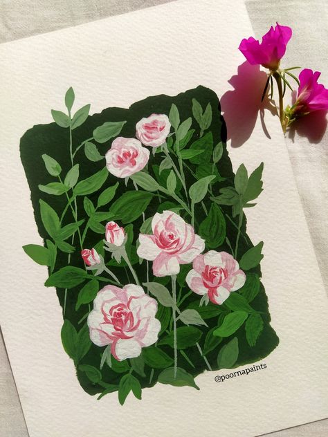 Gouache painting of white and pink roses Guache Art Gouache Painting Flowers, Guache Flower Painting, Watercolor Gouache Painting, Cherry Blossom Gouache, Gouche Flower Painting, Flower Gouache Painting, Acrylic Paint Tips, Simple Gouache Painting Ideas, Gouche Paint Ideas