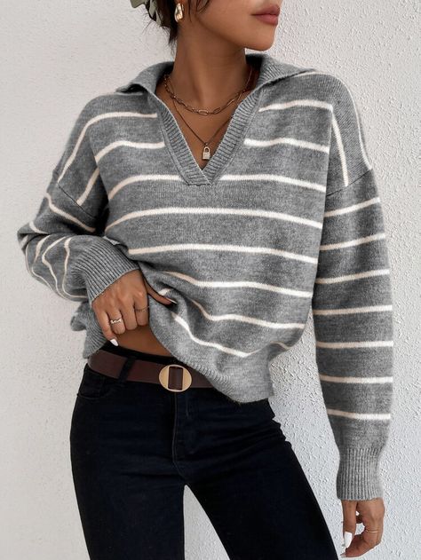 Mens Stripes, Stylish Sweaters, Women Sweaters, Drop Shoulder Sweaters, Striped Knit, Stripe Print, Stripe Sweater, Sleeve Sweater, Online Womens Clothing