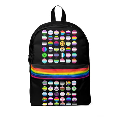 This classic black rucksack is a stylish and practical accessory that is perfect for anyone who wants to show their support for the LGBTQ+ community. We have carefully designed this bag to feature 72 different pride flags, each represented in the form of a pin badge. The badges are arranged on the bag, creating a colourful and eye-catching display that celebrates the diversity of the LGBTQ+ community. In addition to the pride flags, the front flap of the front pocket features a vibrant rainbow pattern, adding to the bag's overall sense of inclusivity. We have made every effort to ensure that each LGBTQ+ subsection is represented, but due to the vast number of flags and variations within the community, it is possible that some may have been missed off or misrepresented. If you notice an err Bag With Pins, The Pride Flags, Different Pride Flags, Lgbtq Accessories, Pride Accessories, Black Backpack School, Pride Stuff, Black Rucksack, Funny Looking Cats