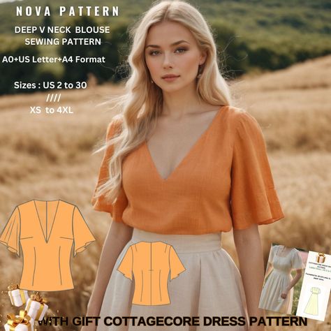 Cottagecore V-Neck Blouse Sewing Pattern: A0, A4, US Letter Sizes 2-30, XS-4XL Cotton Blouse Sewing Pattern, Cottagecore Blouse Pattern, Business Casual Sewing Patterns, V Neck Blouse Pattern, Boho Sewing Patterns, Sewing Plus Size, Plus Size Top Pattern, Linen Blouse Pattern, Cottagecore Dress Pattern