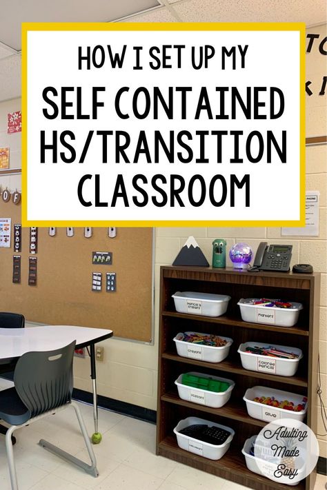 Come take a look inside my high school/transition classroom. In my self contained classroom I focus on life skills, functional skills and vocational skills to set up my students up for success after high school. Learn how I structure my morning meeting for special education, setup small group activities for high school special education students, set up a sensory area, and how we practice vocational skills, independent living skills and community based instruction activities in the classroom. Small Sped Classroom Setup, Essential Skills Classroom, Ed Classroom Set Up, Classroom Desk Organization Student, High School Self Contained Classroom, Middle School Special Education Classroom, Special Needs Classroom Setup, Classroom Setup High School, Self Contained Classroom Setup