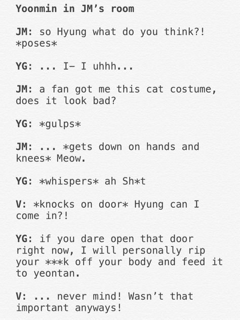 Yoonmin Text, Bts Scenarios, Bts Texts, Bts Ships, Yoonmin Fanart, Text Memes, Cat Costume, Bts Memes Hilarious, Funny Kpop Memes