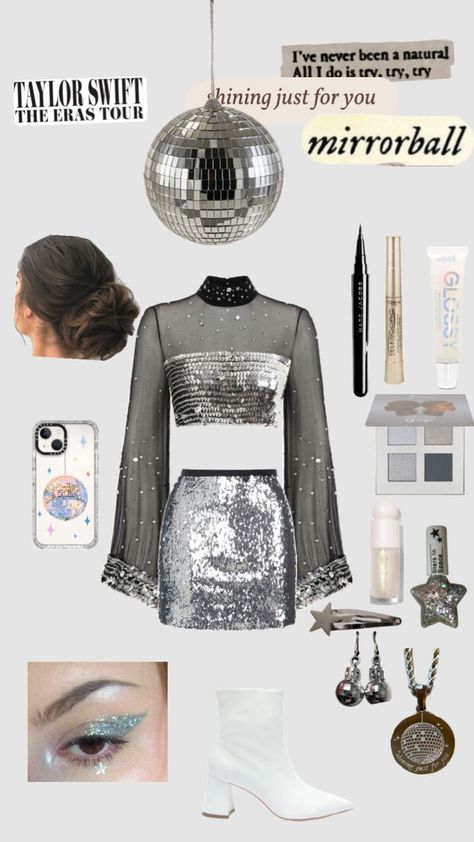 Taylor Swift Halloween Costume Mirrorball, Taylor Swift Halloween Costume Folklore, Mirrorball Accessories, Folklore Mirrorball Outfit, Mirror All Taylor Swift Outfit, Mirrorball Inspired Outfit, Mirror Ball Outfit Taylor Swift, Mirrorball Outfit Ideas, Mirror Ball Taylor Swift Outfit