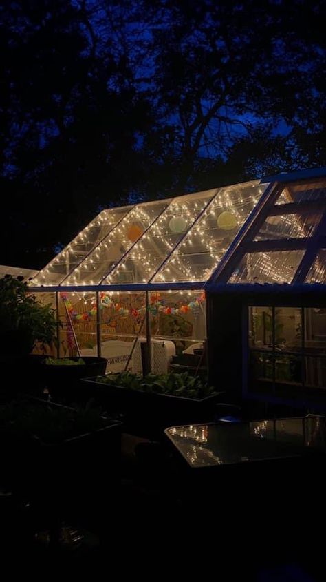 Green House Lighting, Greenhouse Hideaway, Greenhouse Retreat, Chandelier In Greenhouse, Greenhouse Lights, Greenhouse Fairy Lights, Glass Green House Aesthetic, Dreamy Greenhouse, Greenhouse Lighting