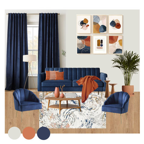 Don't be afraid to bring complementary color scheme into your room. Perfect for thoes who love a blend of contemporary style and vbrant hues. #ModernLivingRoom, #ContemporaryHomeDesign, #LivingRoomInspiration, #LivingRoomDesign, #HomeDesignIdeas, #LivingRoomFurniture, #ComplementaryColorScheme Navy And Peach Living Room, Cognac And Navy Living Room, Blue And Orange Living Room Color Scheme, Navy Living Room Color Scheme, Navy And Burnt Orange Living Room, Peach Living Rooms, Blue And Orange Living Room, Burnt Orange Living Room, Complementary Color Scheme