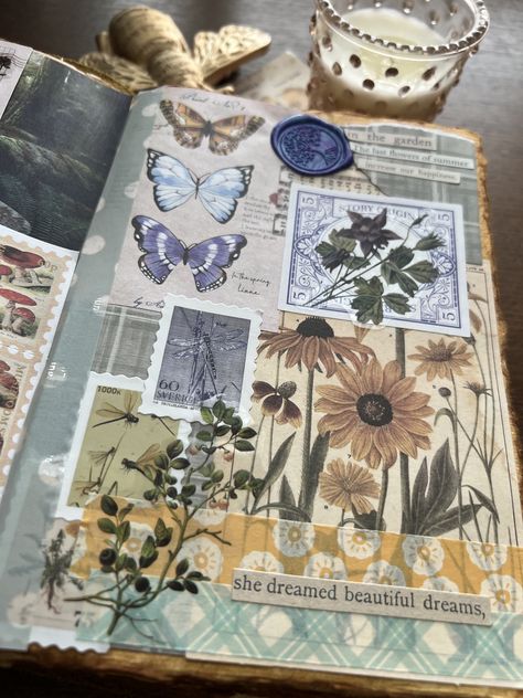 Scrapbook Ideas Nature, Cottage Core Scrapbook Ideas, Scrapbook Ideas Colorful, Floral Scrapbook Ideas, Cute Junk Journal, Colorful Scrapbook Ideas, Art Journal Scrapbook, Flower Scrapbook Ideas, Scrapbook Pages Aesthetic