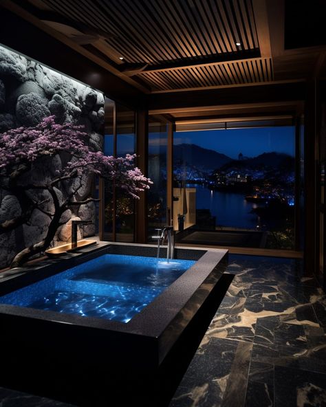 Stone and Wood Bathrooms with a View of Kyoto City Black Home Aesthetic, Luxury Jacuzzi, Dark Modern Home, Bathroom With A View, Bathtub Aesthetic, Dream House Modern, Jacuzzi Room, Indoor Jacuzzi, Japanese Bathroom