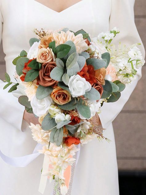 Orange  Collar     Embellished   Wedding & Event Woodland Backyard, Bridal Bouquet Cascading, Eucalyptus Willow, Prom Props, Yellow Bridal Bouquets, Toss Bouquet, Roses Lavender, Wisteria Flower, Willow Leaves