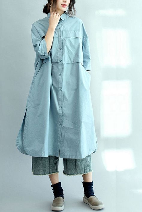 Material:               CottonFabric:                  Fabric  no stretchNeckline:              LapelSeason:                SummerType:                     ShirtSleeve Length:     3/4 SleeveColor:                    Blue,PinkDresses Length:   Knee LongStyle:                     Vacation, Casual, Free Size: Cotton Shirts For Women, Elegant Shirt Dress, Hijab Abaya, Loose Shirt, Muslimah Fashion Outfits, Dress Shirt Sleeves, Cotton Shirts, Loose Shirts, Muslimah Fashion