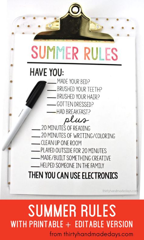 Help maintain expectations with this cute printable summer rule sheet. It's colorful and there is an editable version to fill in your own rules.  www.thirtyhandmadedays.com Kids Summer Schedule, Chore Rewards, Summer Rules, Screen Time Rules, Screen Time For Kids, Kids Checklist, Summer Checklist, Rules For Kids, Chore Chart Kids