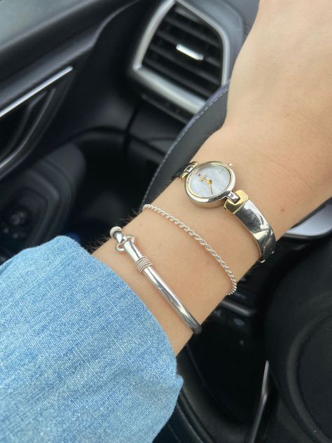 Simple Silver Watch Women, Silver Watch And Bracelet Stack, Silver Bracelet Stack With Watch, Timeless Silver Jewelry, Silver Stacked Bracelets, Womens Silver Watch, Dainty Watch Silver, Silver Watch Stack, Silver Watches Women Classy