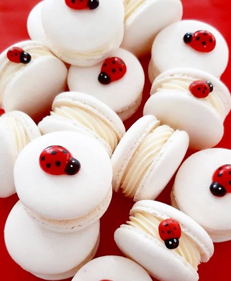 ＭＡＣＡＲＯＮＳＬＡＤＹ on Instagram: “@macaronsbyiva’s summer vibes macarons with #raspberry filling 🐞  #Macarons #macaronslady #macaronstagram #frenchmacarons #f52grams…” Baking Area, Ladybug Cookies, Fairytale Baby Shower, Ladybug Picnic, Spring Birthday Party, Ladies Brunch, Ladybug Birthday, Ladybug Party, Raspberry Filling