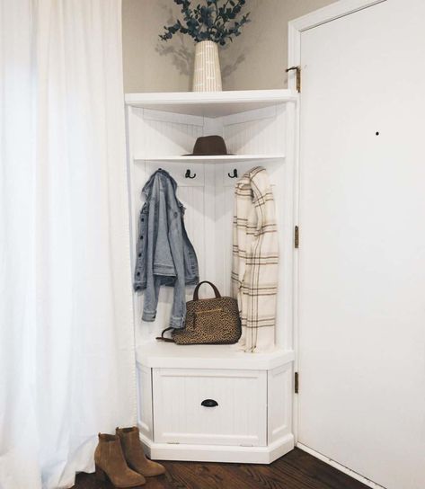 Small Corner Entryway Ideas Entrance, Modern Hall Tree Entryway, Black Herringbone Tile Floor, Corner Entryway Bench, Ikea Hall, White Bench Entryway, Blue Herringbone Tile, Black Herringbone Tile, Corner Hall Tree